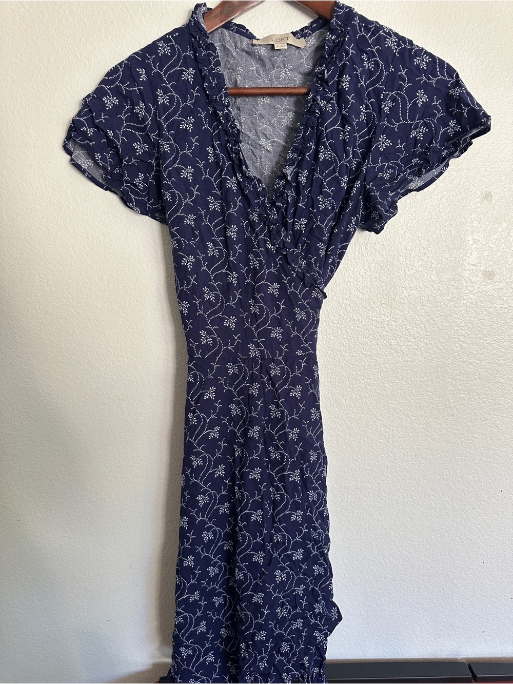 LOFT Navy Floral Ruffle-Trim Wrap Dress